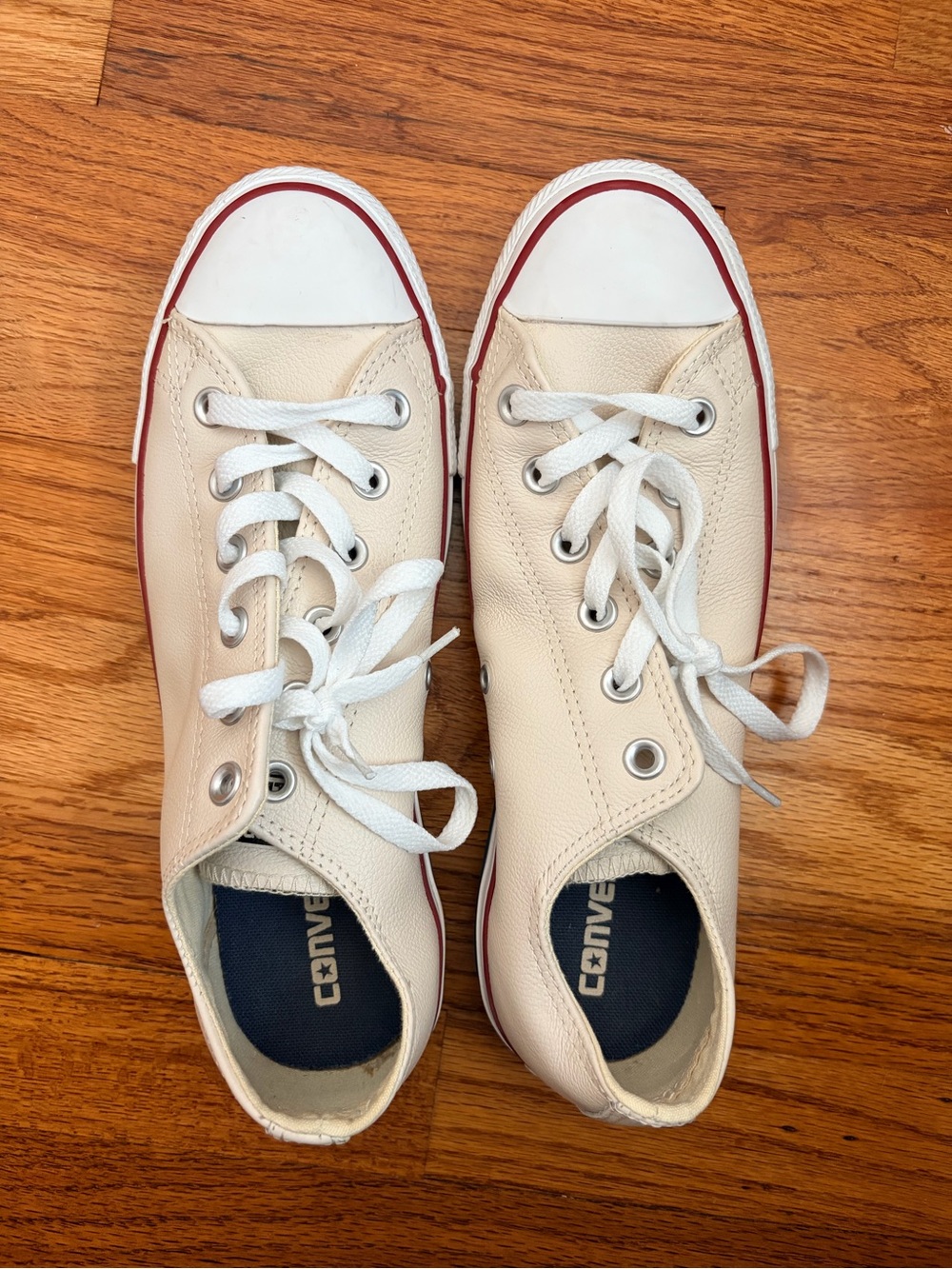 Converse Women's Low Top Leather Sneakers in Cream with Red Trim